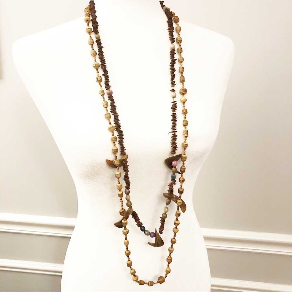 Set Of Two Fun Boho Cork & Wooden Beaded Necklaces